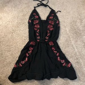 Black Red Embroidered Rose Floral Romper